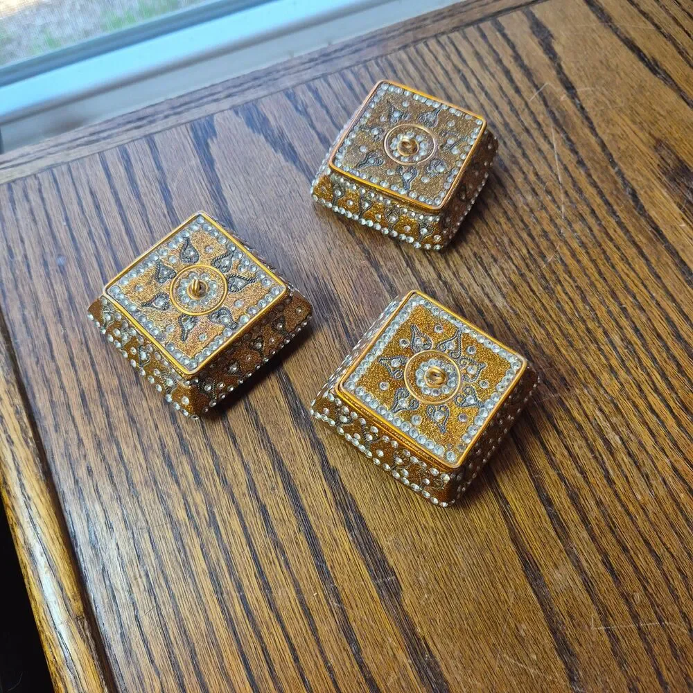 3 Vtg Pier 1 Jeweled Trinket Boxes Square Hexagon Jewelry Small 3x3x1 Gold Boho